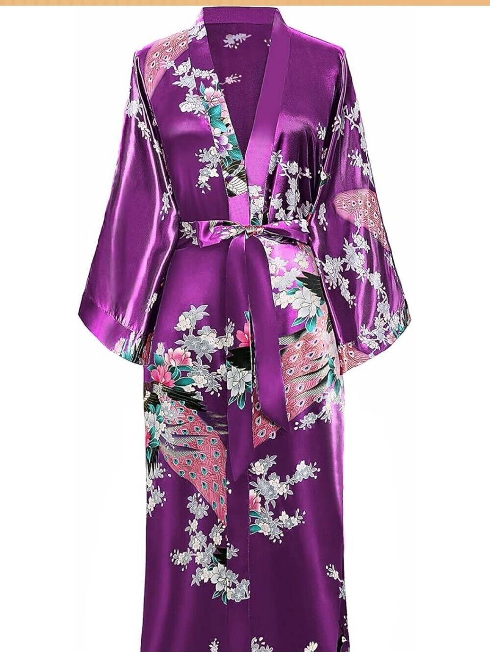Purple Satin Floral Peacock Kimono Robe